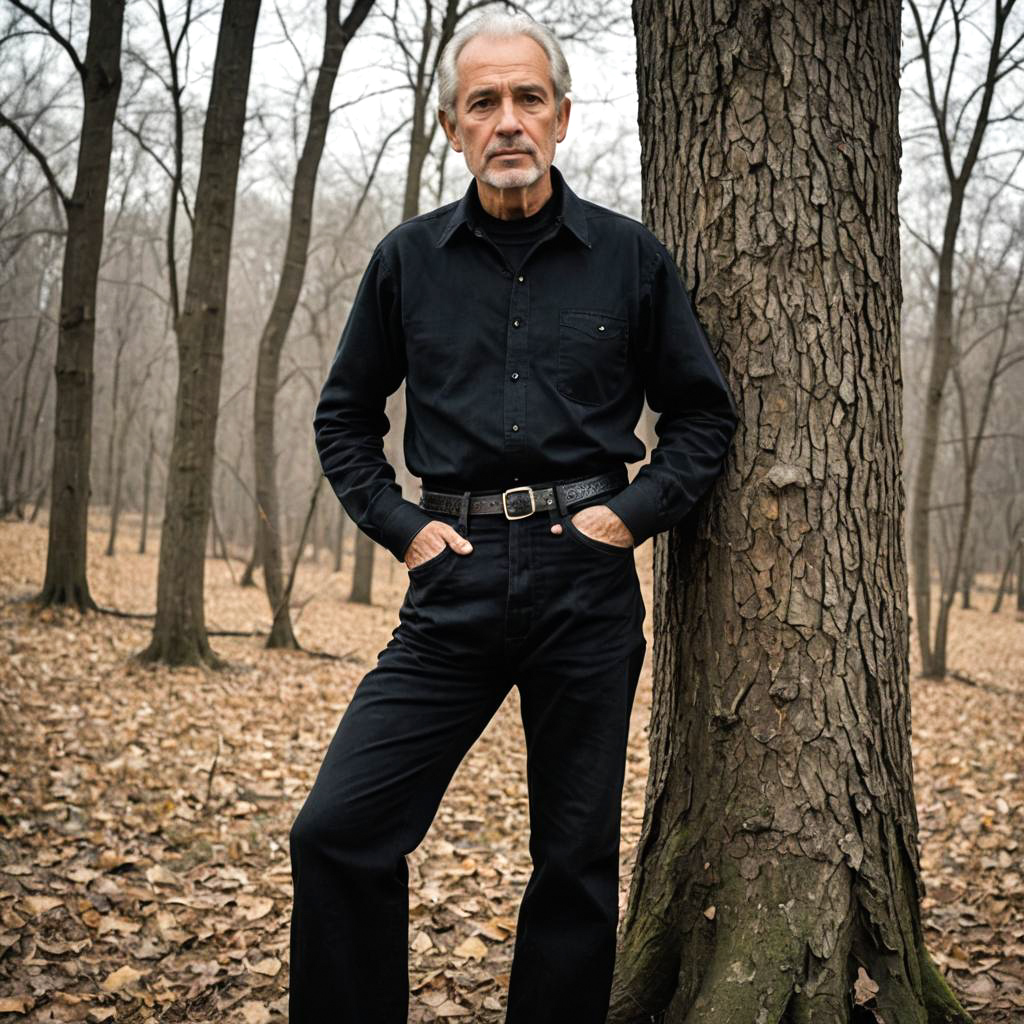 Pensive Man in Vintage Jeans by Tree