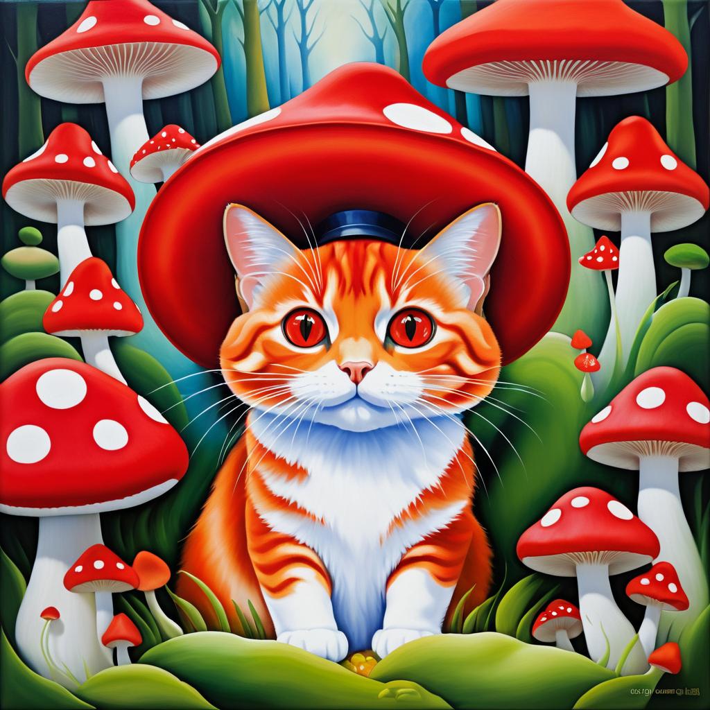 Whimsical Cat with Mushroom Hat Portrait