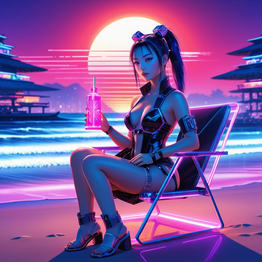 Cyberpunk Samurai Girl at Futuristic Beach