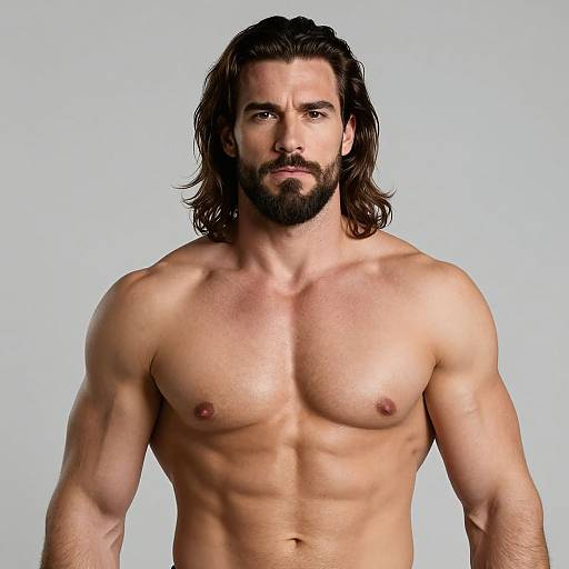Photograph of a muscular, shirtless man with long brown hair, beard, and light skin, standing against a plain white background.