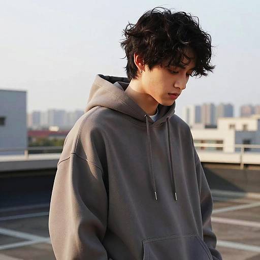 Photograph of an Asian teenage boy with messy black hair, wearing a gray hoodie, looking down, standing on a rooftop with a cityscape background.