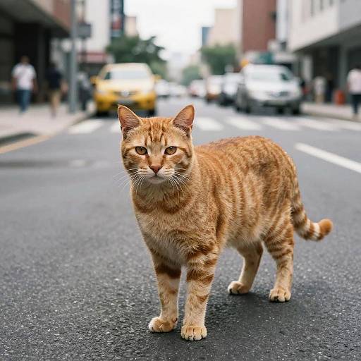 Photograph of a confident orange tabby cat with striped fur walking on a busy urban street, cars and buildings blurred in the background.
