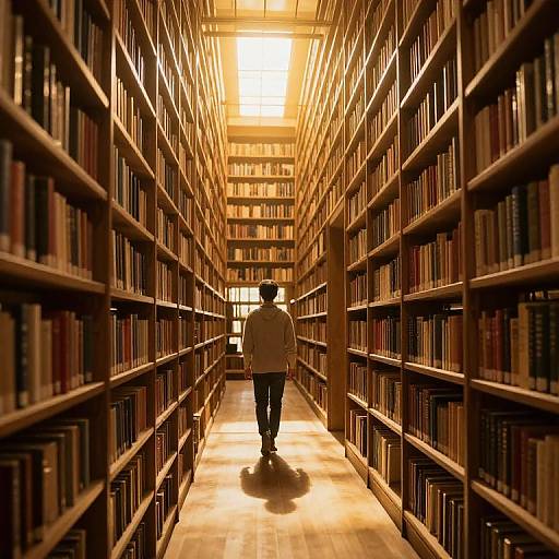 Photograph of a lone man walking down a sunlit, golden-hued library aisle, surrounded by tall, densely packed bookshelves.