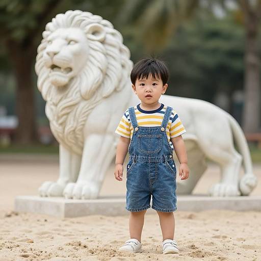 Photograph of an Asian toddler in blue denim overalls and yellow-striped shirt standing in front of a white marble lion statue in a sandy park with blurred