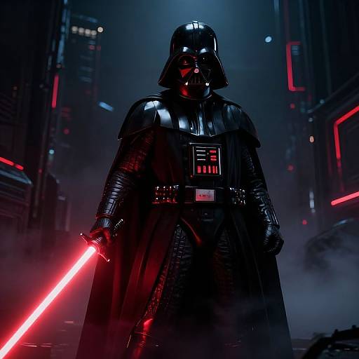 Photograph of Darth Vader in black armor and helmet, holding a glowing red lightsaber, standing in a dark, neon-lit cityscape.