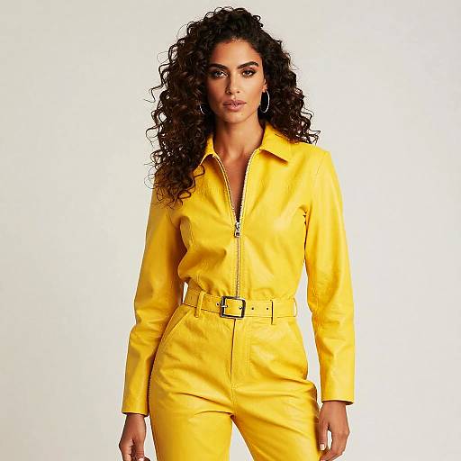 Photograph of a confident woman with curly dark brown hair, wearing a bright yellow, long-sleeved jumpsuit with a zipper and belt, standing