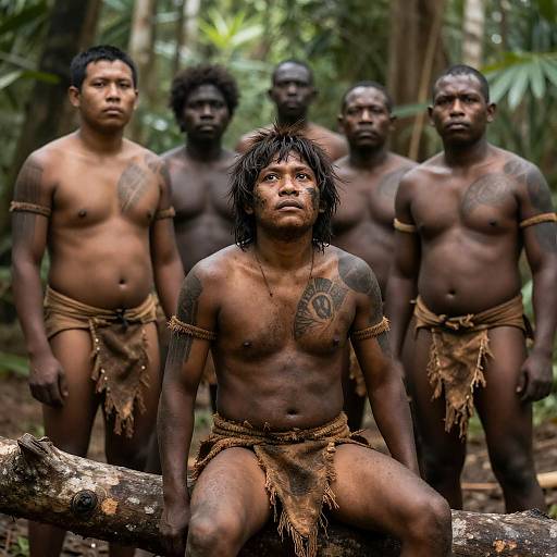 Intense Tribal Men in Forest Setting