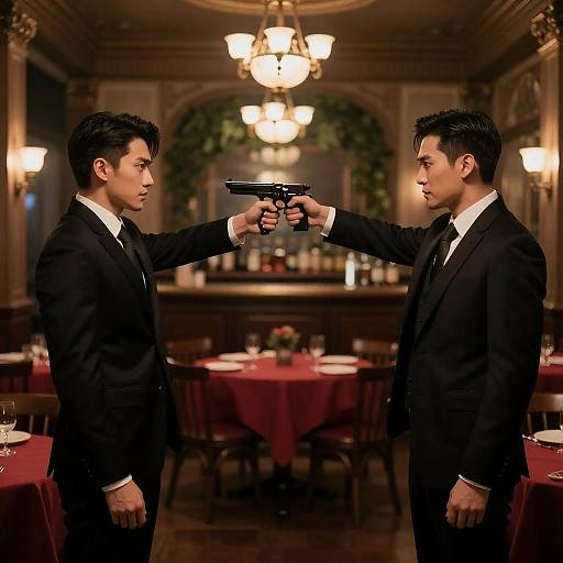 Two men pointing guns in elegant restaurant