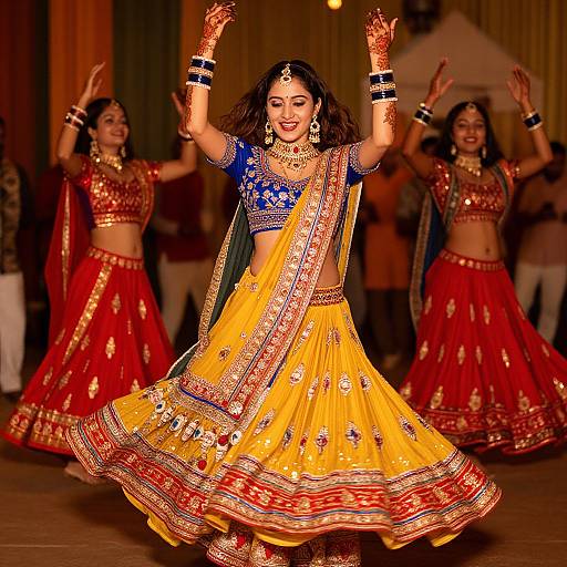 Photograph of a traditional Indian dance performance: A woman in a yellow and blue embroidered lehenga with red borders, beaded jewelry, and ornate