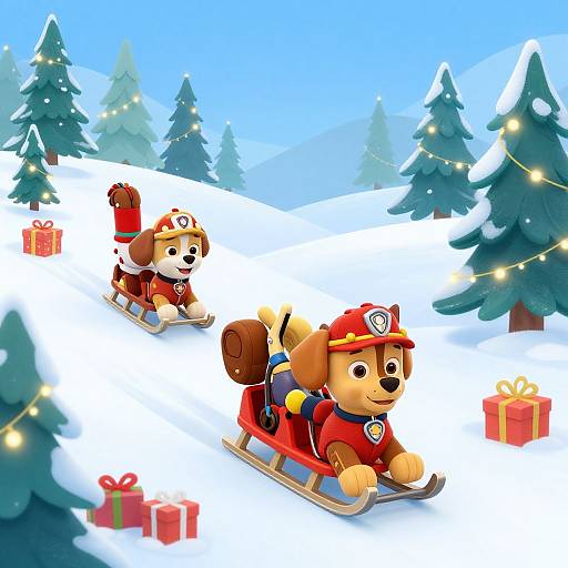 Digital illustration of two cartoon dogs in red sled suits, sledding down a snowy hill with Christmas trees and gift boxes.