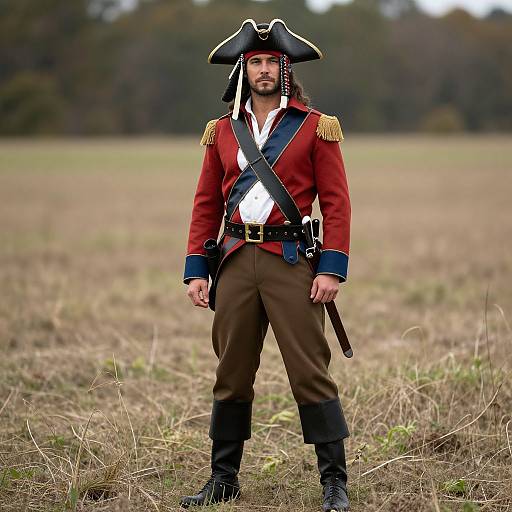 Photograph of a bearded man in a red British military coat, tricorn hat, brown pants, black boots, standing in a grassy field