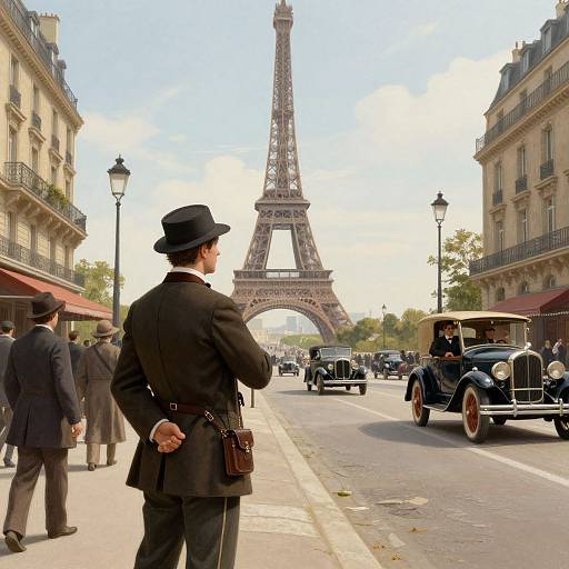 Photograph of a vintage Paris street with a man in a black suit and hat, facing the Eiffel Tower, surrounded by classic cars and pedestrians