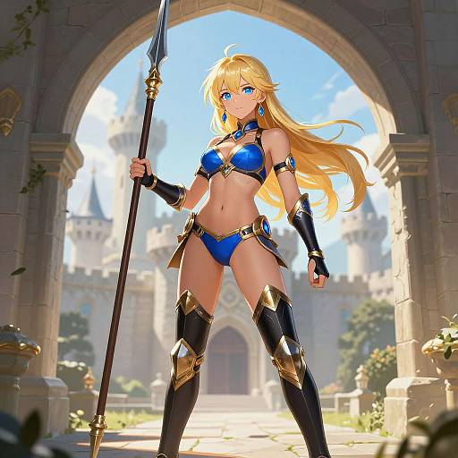 Digital anime-style illustration of a blonde, blue-eyed warrior woman in blue and gold armor, holding a spear, standing in a sunlit, medieval castle