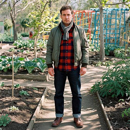 Photograph of a bearded man in a green jacket, red plaid shirt, and dark pants standing in a sunlit garden path. Background includes