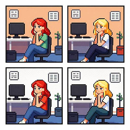 Pixel art comic: Two women, red-haired and blonde, sitting in front of computers, looking bored. Background includes windows and a desk.