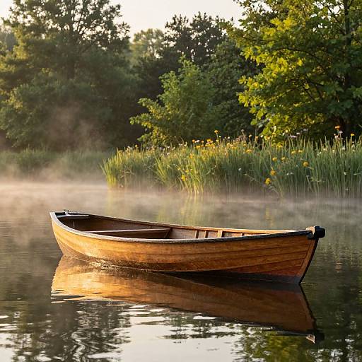 Photograph of a wooden rowboat floating on a misty lake, reflected in calm water, surrounded by lush green trees and tall reeds at sunrise