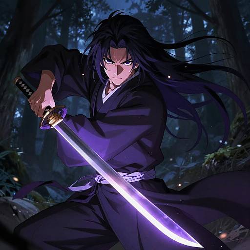 Anime-style digital illustration of a fierce, long-haired man in a black kimono, wielding a glowing purple sword in a dark, forested night setting