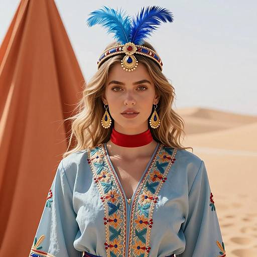 Woman in Traditional Embroidered Outfit with Feathered Headpiece