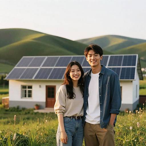 Happy Couple at Solar-Paneled Farmhouse