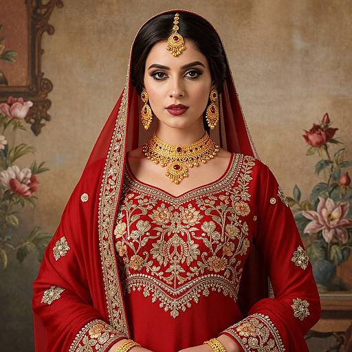 Photograph of an elegant South Asian woman in a rich red traditional lehenga, adorned with gold embroidery, jewelry, and a red veil, set against