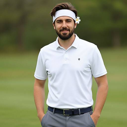 Photograph of a bearded man with dark hair, wearing a white polo shirt, white headband, and gray pants, standing on a green golf