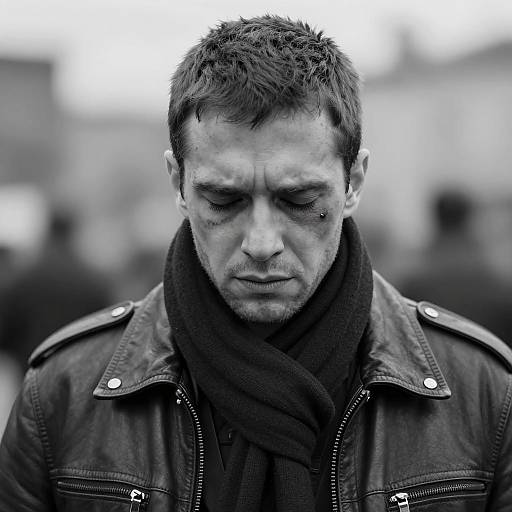 Pained man with black eye in leather jacket