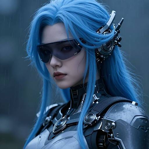 Digital artwork of a blue-haired woman with cybernetic enhancements, wearing dark sunglasses, in a rainy urban environment. She has a serious expression and futuristic