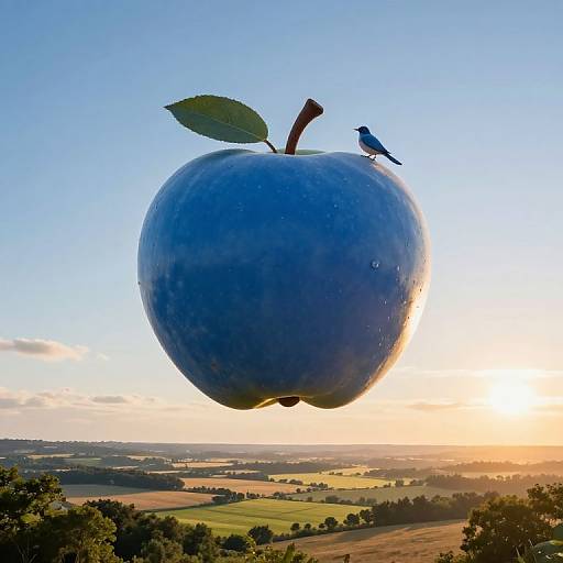 Photograph of a giant blue apple floating in the sky at sunset, with a small blue bird perched on its stem, over a rural landscape with