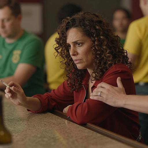 Concerned Woman at Bar in Warm Lighting