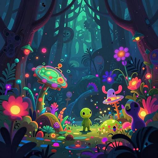 Vibrant, neon-lit forest scene in digital art style with glowing mushrooms, colorful flowers, a small green alien, and a purple creature with