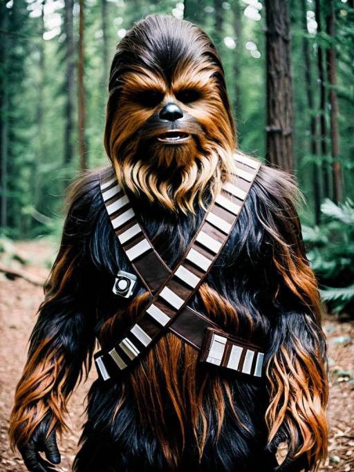 Man in Realistic Chewbacca Costume in Forest