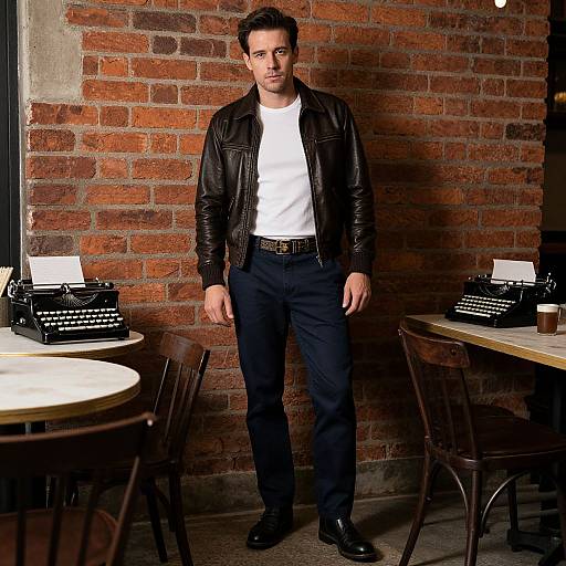 Photograph of a man with short brown hair, wearing a black leather jacket, white t-shirt, black pants, and black shoes, standing in a