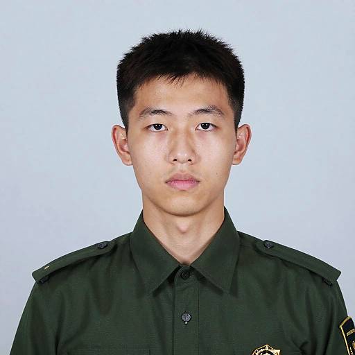 Photograph of an Asian male with short black hair, light skin, and neutral expression, wearing a dark green military uniform against a plain white background.
