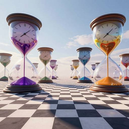 Photograph of surreal chessboard with oversized, colorful hourglasses as clock pieces, standing against a bright blue sky with white clouds.