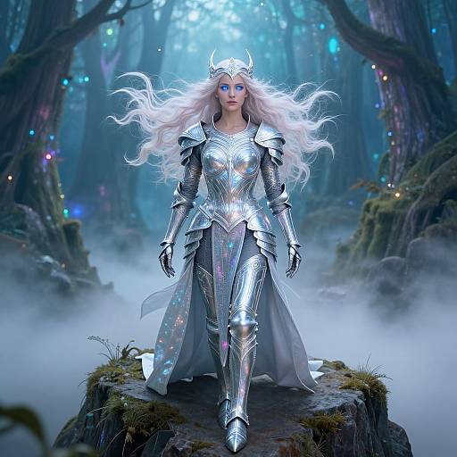 Digital art: Elven woman with long white hair, silver armor, and crown, standing in mystical forest. Glowing blue light, ethereal fog