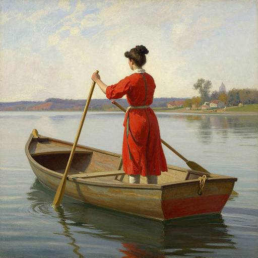 Oil painting of a woman in a red dress rowing a wooden boat on a calm lake, with a distant shoreline.