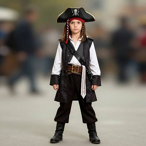 Photograph of a young girl in a pirate costume, wearing a black tricorn hat, white shirt, black vest, and pants, with a brown