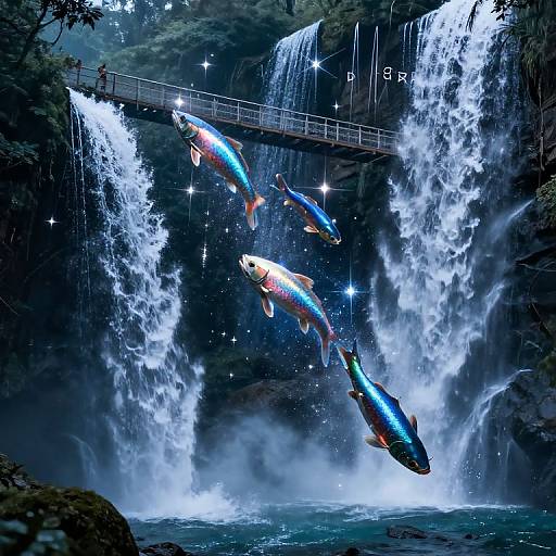 Digital artwork of sparkling fish swimming above a cascading waterfall, with a bridge in the background, surrounded by lush greenery.