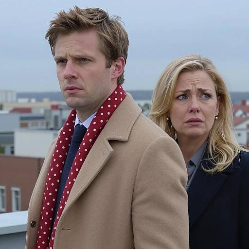 Concerned Couple on Rooftop Cityscape