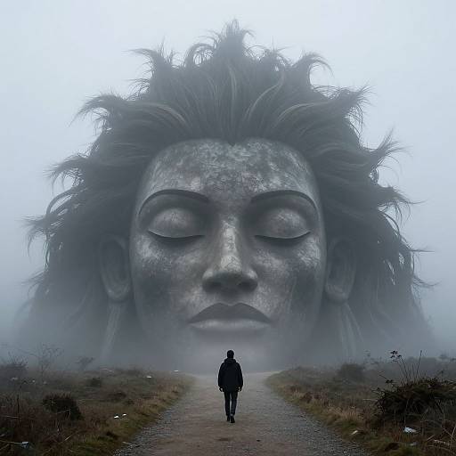Photograph of a lone person in a dark coat walking towards a massive, mist-covered, stone Buddha face with closed eyes, surrounded by fog and grass