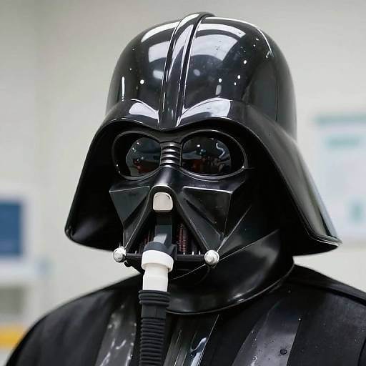 Photograph of a glossy black Darth Vader helmet with large lenses, white lightsaber hilt, and black suit, set against a blurred white and blue