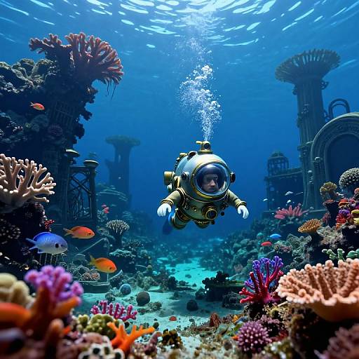 Photorealistic CGI of a futuristic astronaut in a submarine-like suit, exploring a vibrant underwater coral reef with colorful fish and ancient ruins.