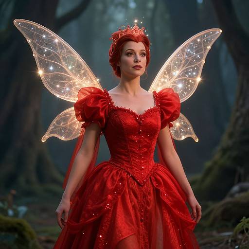 Photograph of a red-haired woman in a red fairy dress with sparkling wings, standing in a misty forest, wearing a red tiara.