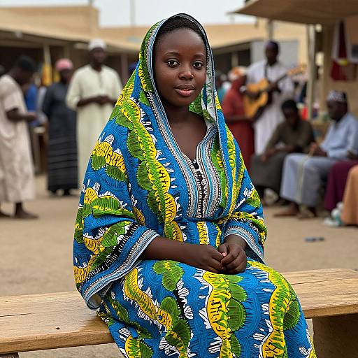 Photograph of a young African woman in a vibrant blue and yellow patterned dress and headscarf, sitting on a wooden bench in a bustling outdoor