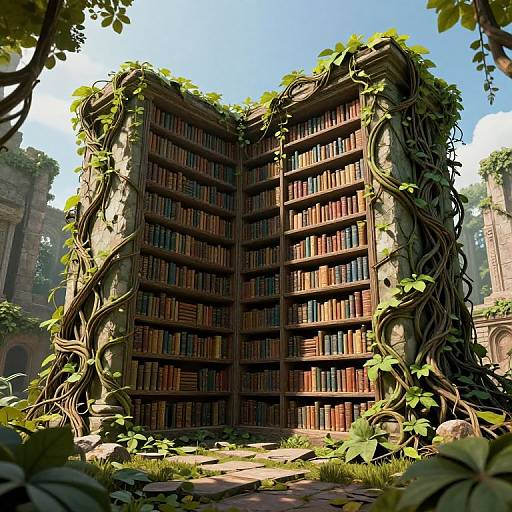 Digital artwork of a massive, ivy-covered, open-bookshelf library, with sunlight filtering through lush foliage, set in an ancient, ruined stone courtyard