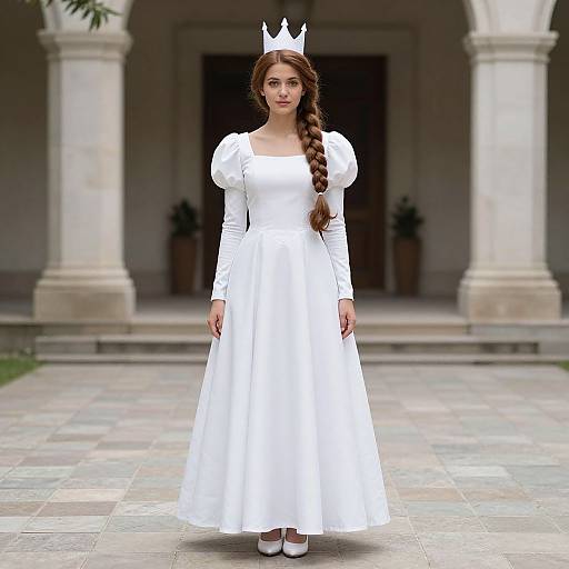 Photograph of a young woman with long brown braid, wearing a white princess dress with puffed sleeves, white crown, and white shoes, standing