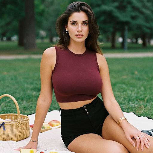 Photograph of a brunette woman with large breasts, wearing a maroon crop top and black shorts, sitting on a white blanket in a green park with