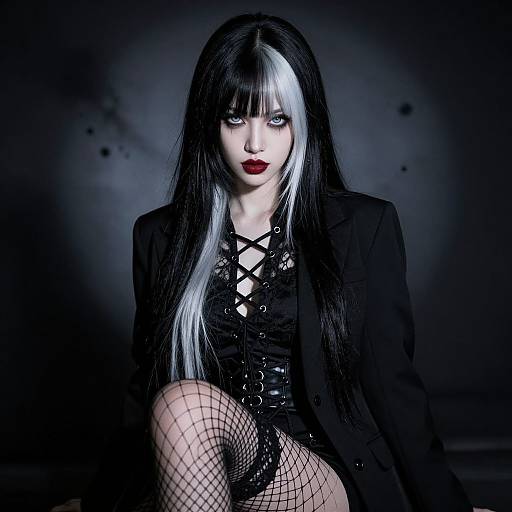 Gothic woman with black and white hair, red lipstick, black lace-up corset, fishnet stockings, and jacket, set against a dark