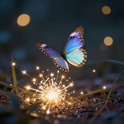 Photograph of a vibrant blue butterfly with black-edged wings, hovering above a sparkling firework-like light, set against a dark, bokeh-l