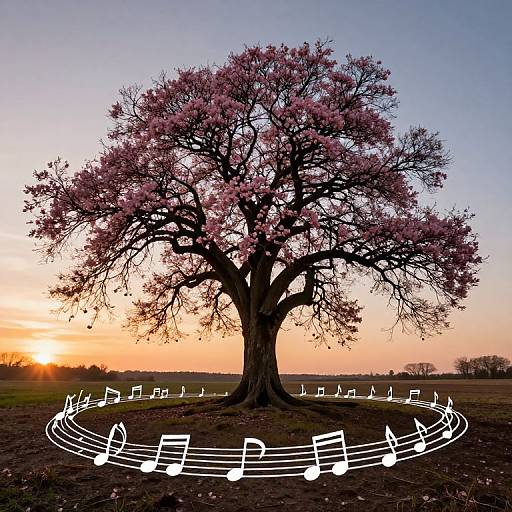 Photograph of a large, blooming pink-leafed tree at sunset, surrounded by a glowing white musical staff and notes in the foreground.